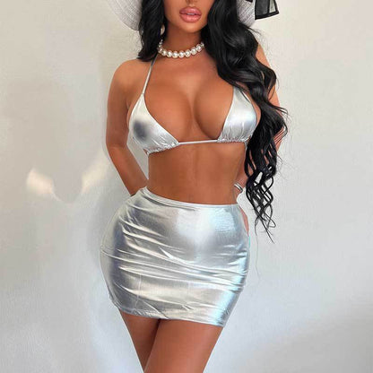 Traje de baño Bikini de tres piezas Traje de baño plateado con cordones Traje de baño bronceador Traje de baño de tres piezas