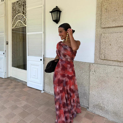 Printed Mesh off Shoulder Vacation Slim Fit Bottoming Dress