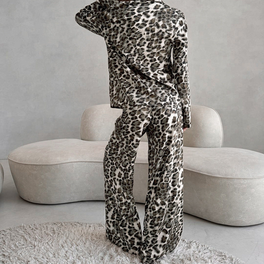 Autumn Satin Leopard Print Soft Comfortable Pajamas Long Sleeved Trousers Women Homewear