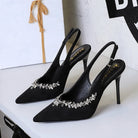 Cocktail High Heels Stiletto Heel Pointed Toe Rhinestone Shallow Mouth Suede Back Empty Back Strap Super High Heel Shoes ForestFootwear