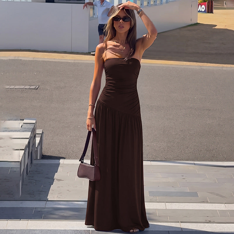 Women Clothing Summer Solid Color Tube Top off Neck Sleeveless Cold Shoulder Maxi Dress LEKINS