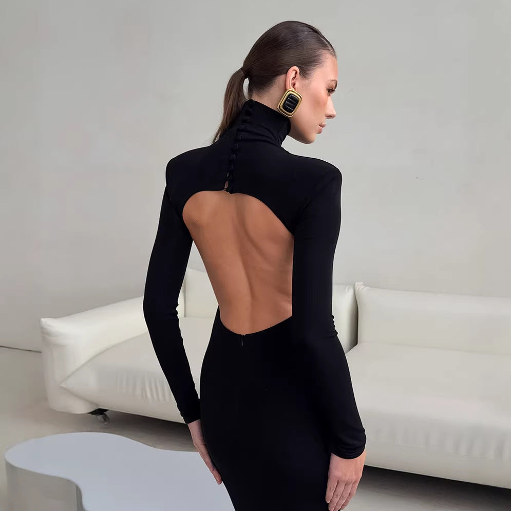 Spring Elegant Black Sexy Backless Knitted Slim Fit Long Sleeved Turtleneck Dress for Women FOREVEREIGHTEEN