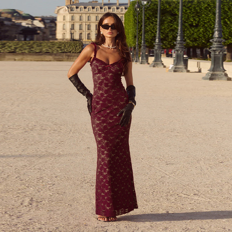 Women Lace Sling Maxi Dress Sexy Slim Lace Stitching Adult Lady Dress FREYA
