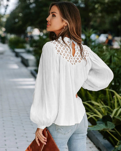 Camisa de manga larga para mujer, con encaje, aberturas y costuras recortadas