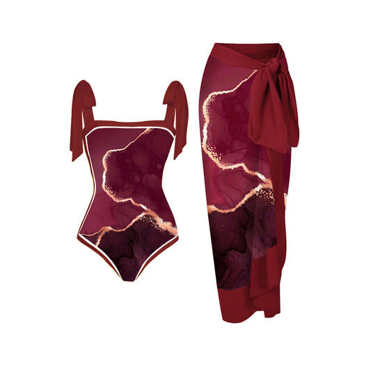 Traje de baño de una pieza de dos piezas con estampado personalizado y falda de cadera conservadora.