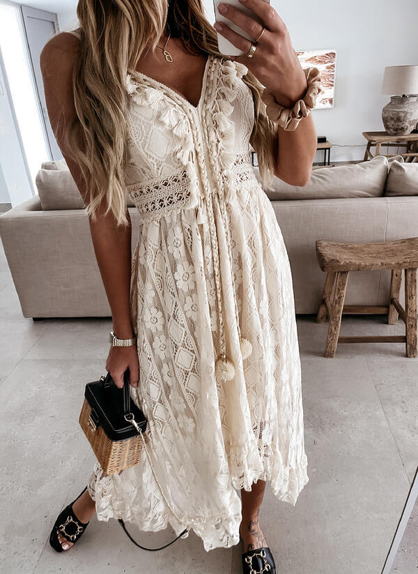 Summer Lace Sling Large Swing Solid Color Long Maxi Dress DING