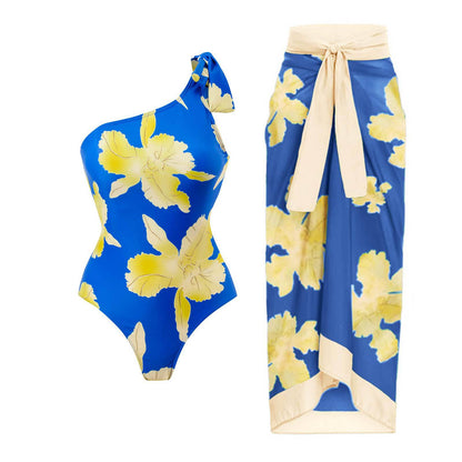 Traje de baño sexy para mujer, estilo retro, de un solo hombro, bikini de gasa, conjunto de falda de playa