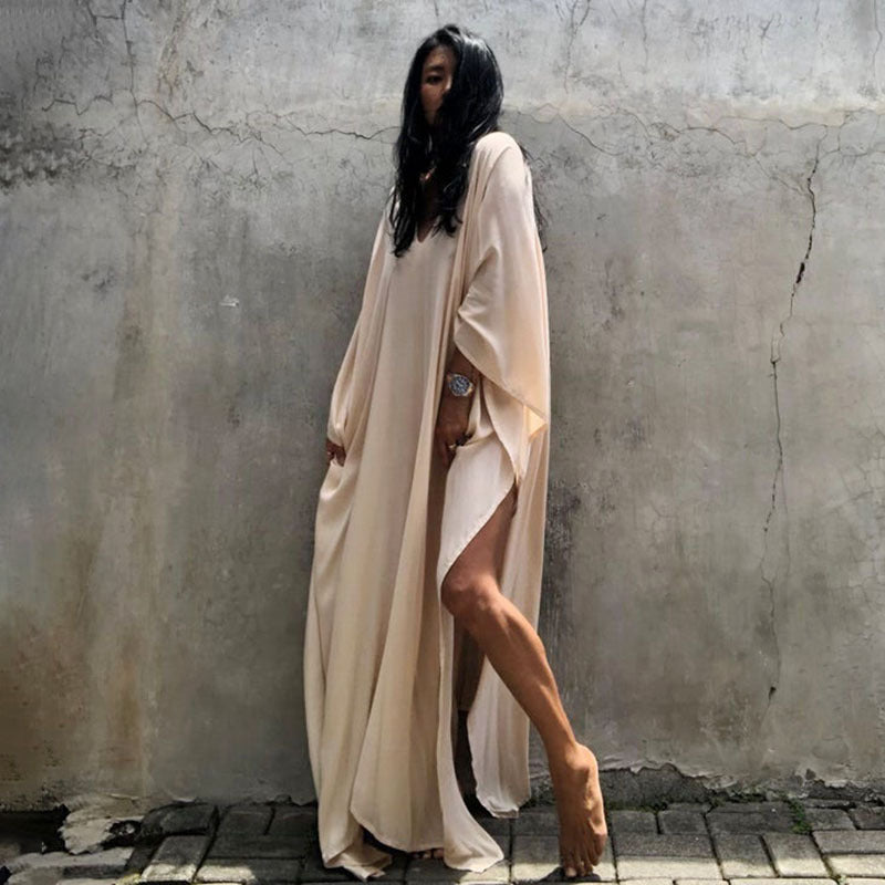 Rayon Solid Color Blouse Seaside Vacation Dress Loose Overclothes Bikini Swimsuit Robe Outer Wear Women EvenStar