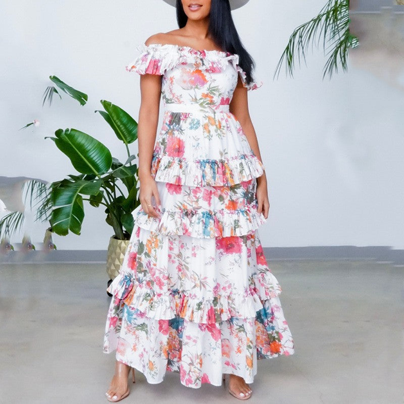 Women Summer round Neck Long Sleeve Printed Ruffled Maxi Dress Vacation Dress for Women SCC