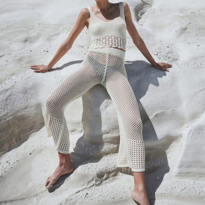 Sexy Hollow Out Cutout out See through Loose Sleeveless Beach Shirt Casual Vacation Trousers Sun Proof Set