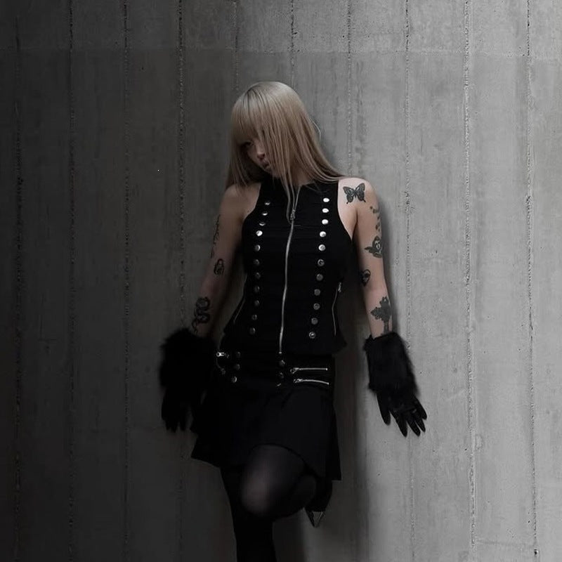 Dark Asian Culture Multi Metal Buckle Stand Collar Zipper Slim Fit Short Sexy Sleeveless Top for Women WHATOWEAR