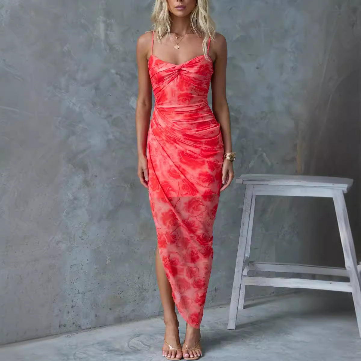 Spring Summer Suspender Floral Print Slit Dress Casual Vacation Loose Dress Oyrina