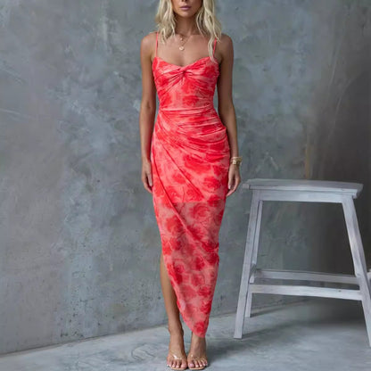 Spring Summer Suspender Floral Print Slit Dress Casual Vacation Loose Dress Oyrina