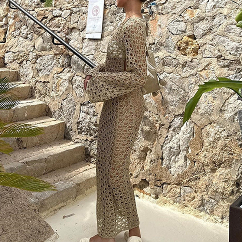 Women Clothes Sexy Hollow Out Cutout Long Sleeved round Neck Maxi Dress Holiday Beach Overskirt Crochet hook Tidee