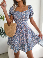 Spring Summer Elegant Floral Lace-up Waist-Controlled Large Hem Dress Women Clothing BAGIISA