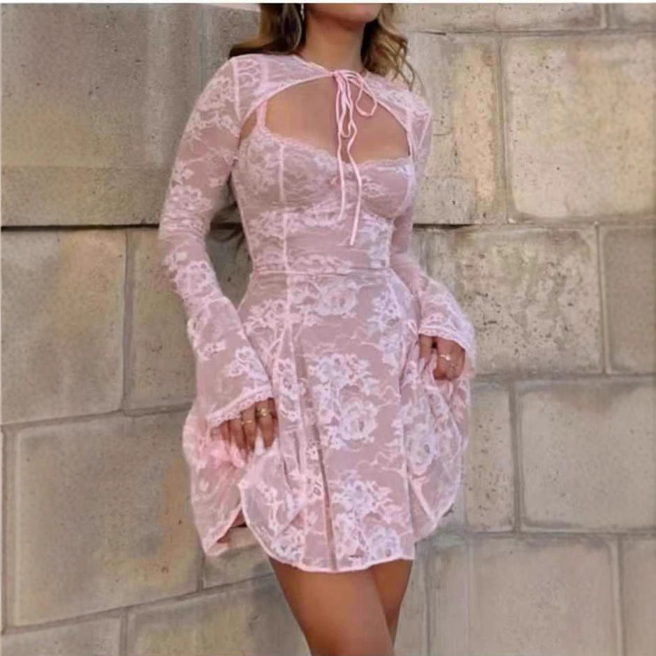 Pink Lace Long Sleeve See through Two Piece Sets Dress Summer Birthday Party Dress Adore