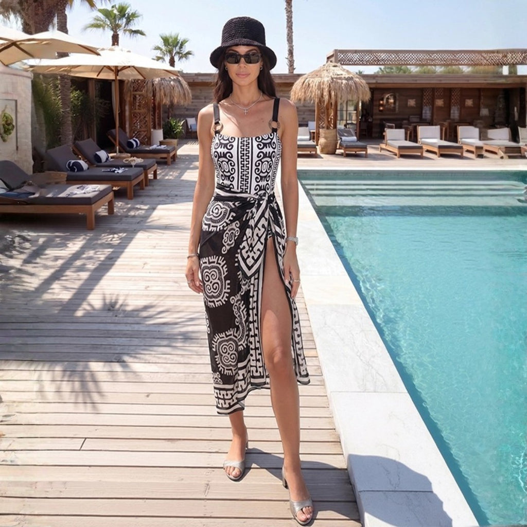 Black White Ethnic Totem Bamboo Ring Spaghetti Straps One Piece Swimsuit Women Two Piece Set Swimwear Set ShineRealm