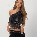 Haut asymétrique sexy à pois en mousseline transparente à col diagonal pour femme