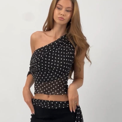 Women Clothing Summer Sexy Diagonal Collar Polka Dot Chiffon See through Irregular Asymmetric Top Women