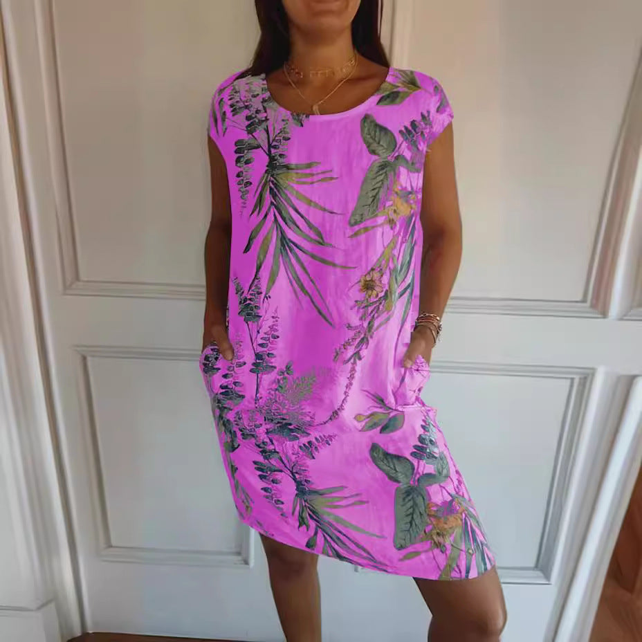 Women Clothing Summer Cotton Linen round Neck Printed with Pocket NICE