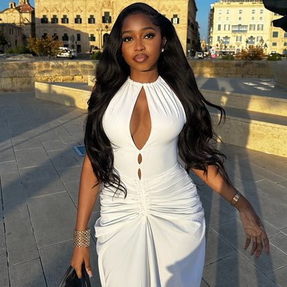 Women Clothing Pleated Sexy Cutout Hip Slim Fit Turtleneck Sleeveless Solid Color Length Dress