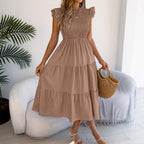 Women Clothing Spring Summer Solid Color Stringy Selvedge Flying Sleeves Smocking Waist-Slimming Maxi Dress BAGIISA