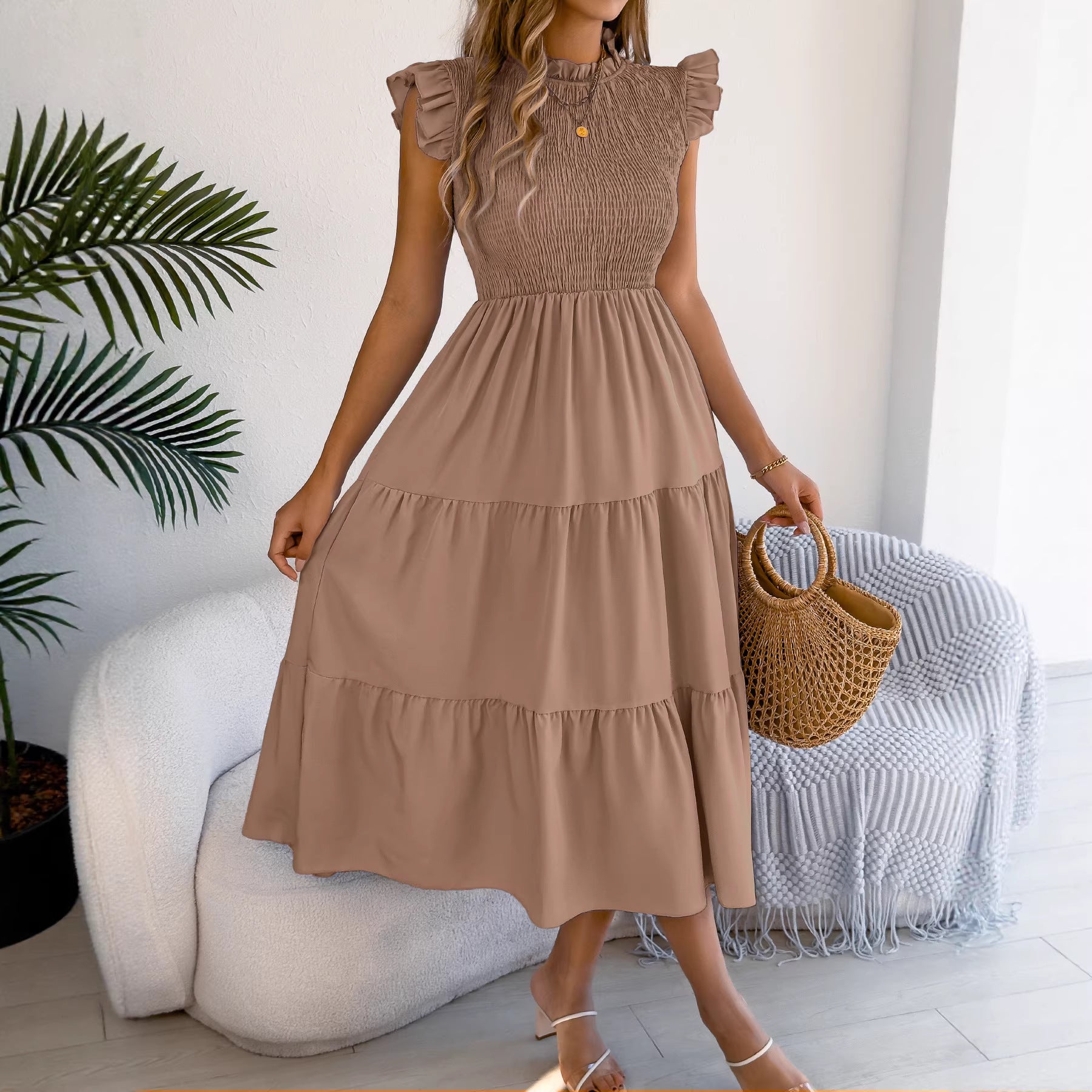 Women Clothing Spring Summer Solid Color Stringy Selvedge Flying Sleeves Smocking Waist-Slimming Maxi Dress BAGIISA