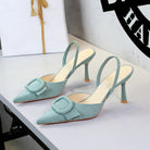 French Belt Buckle Decoration Pointed Toe Shallow Mouth Suede Stiletto Heel Back Empty Strap Women Shoes ForestFootwear