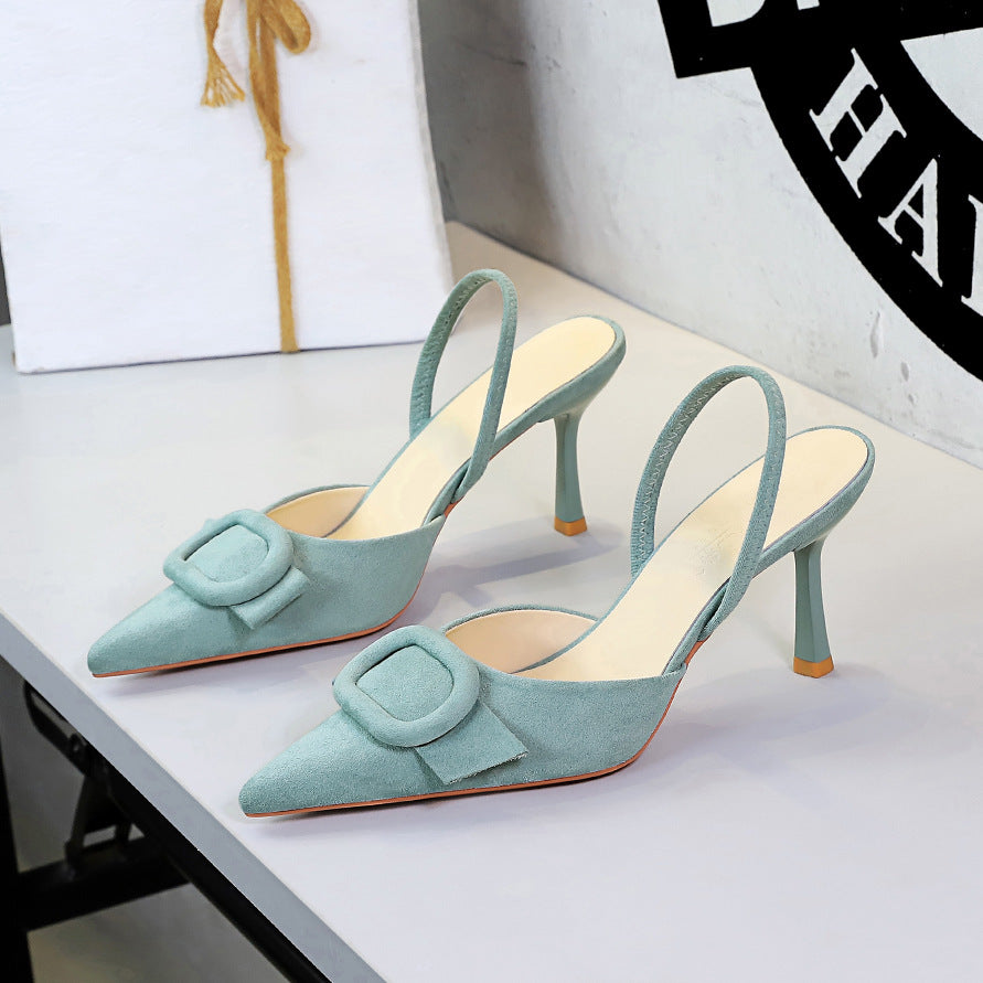 French Belt Buckle Decoration Pointed Toe Shallow Mouth Suede Stiletto Heel Back Empty Strap Women Shoes ForestFootwear