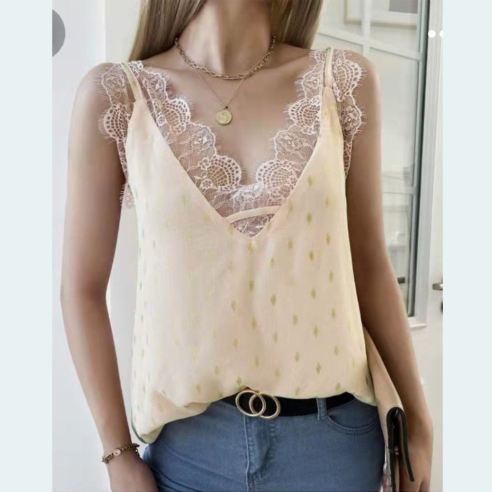 Summer Lace Lace Women Top Sleeveless Golden Yellow Small Sling Women Clothing V-neck Top RealGirl