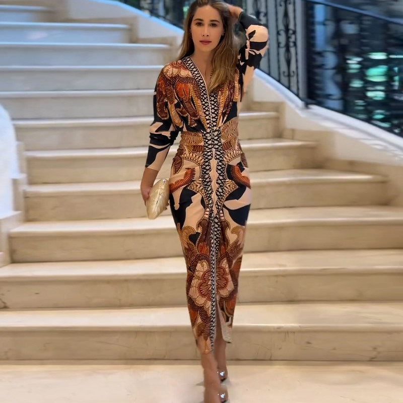 Robe imprimée moulante à manches courtes et col en V pour femme, collection printemps