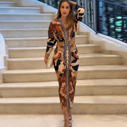 Spring Women Wear Short Sleeve V neck Slim Print Dress