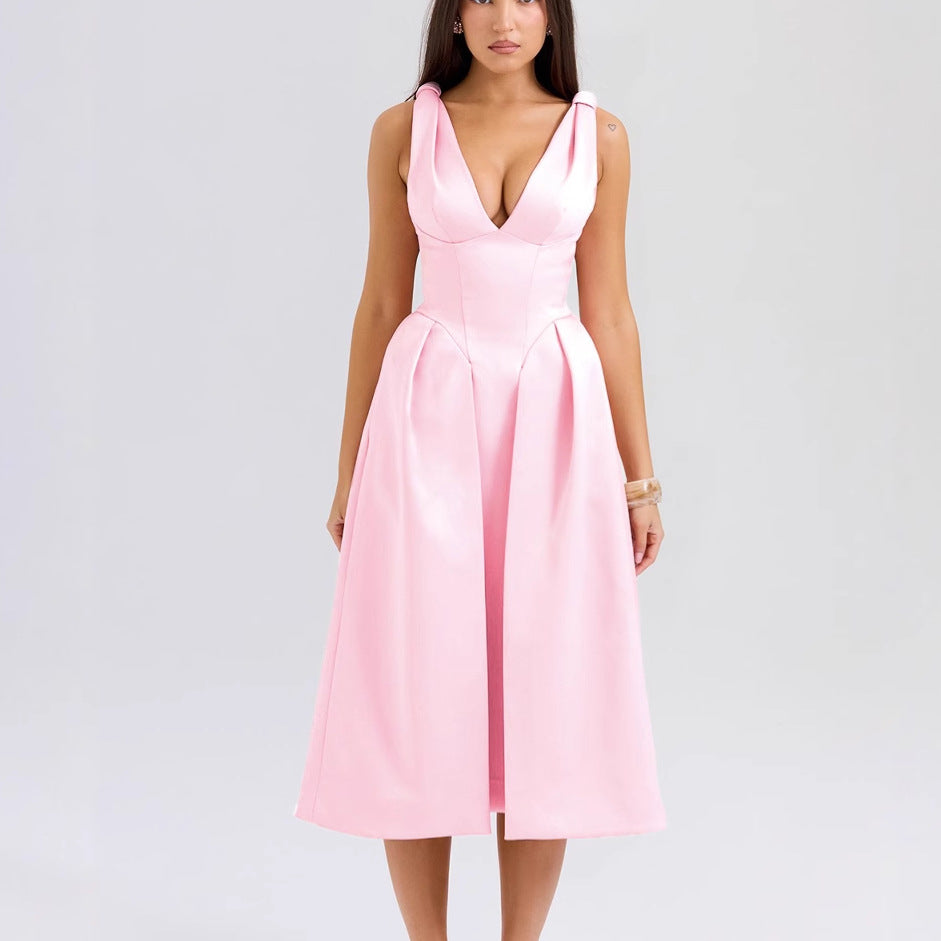 Summer Slim Strap Dress Solid Color V neck Elegant Dress XINXI