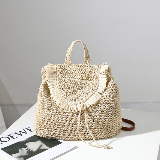 Sac à dos en paille style Mori, sac décontracté en paille à pompon, sac tissé pour femme, même sac de plage pour vacances en bord de mer 
