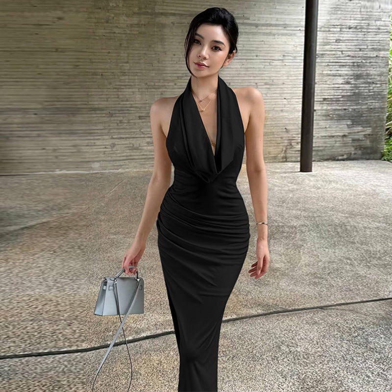 Women Clothing Winter Sexy Backless Pleated Slim Elegant Halter Maxi Dress BULLINGER