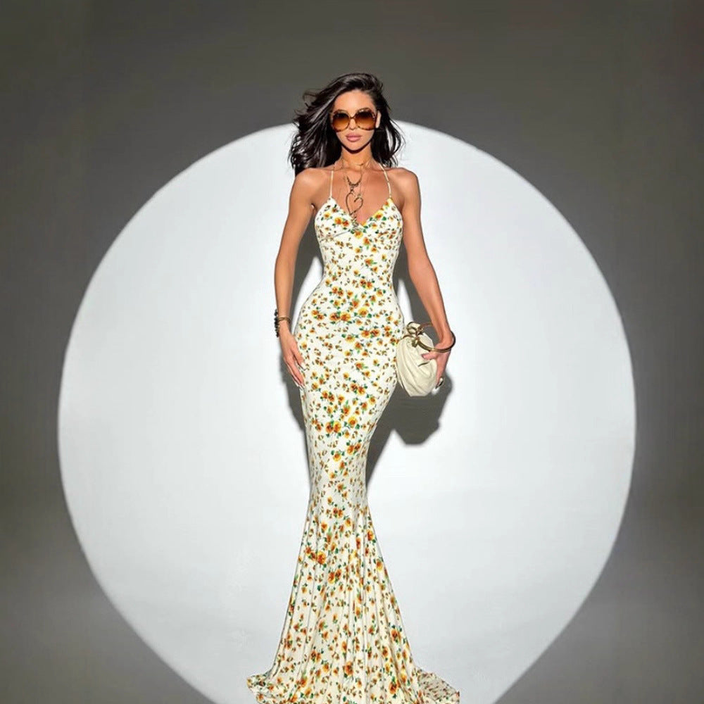 Spring Summer Waist Slimming Elegant Floral Strap Dress Deep V Plunge Vacation LaceCH