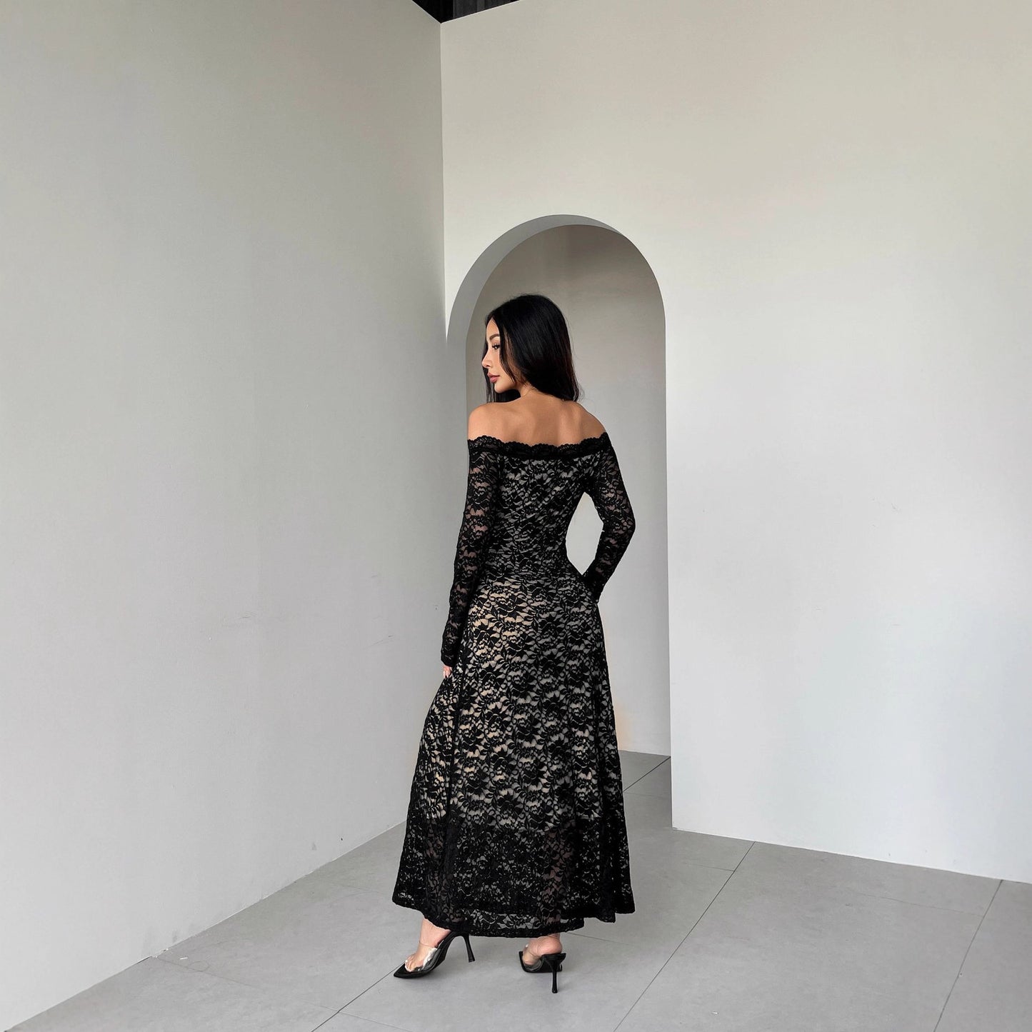 Autumn Winter Long Sleeve Lace off Neck Slim Slimming Maxi Dress Women