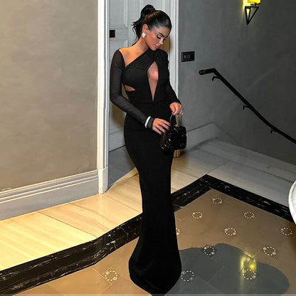 Robe longue amincissante à manches longues et coutures en maille pour femme