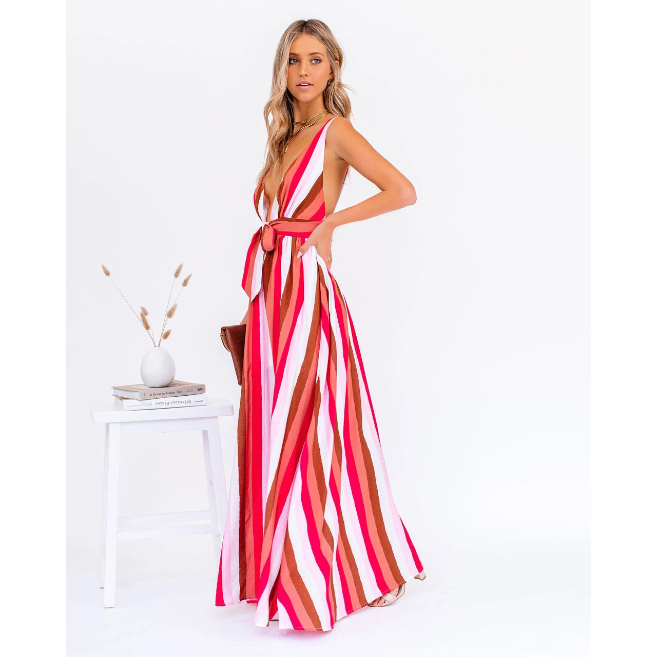 Sexy Strap Deep V Plunge Striped Casual Dress Home Loose Lace up Large Swing Oyrina