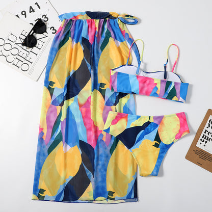 Bikini triangular de malla para mujer, conjunto de tres piezas con estampado sexy, traje de baño dividido