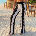 Vacation Casual Pants Women Clothing Beach Pants Color Contrast Patchwork Black White Striped Hollow Out Cutout Trousers Oyimi