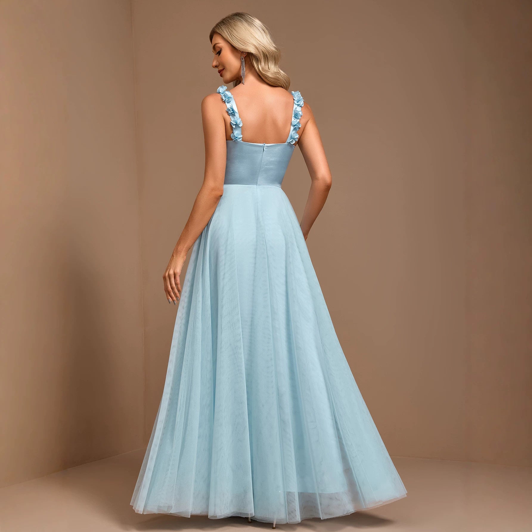 Elegant Halter Strap Handmade Floral Pleated Chest Color Stitching Mesh A Swing Evening Dress HENGACHI