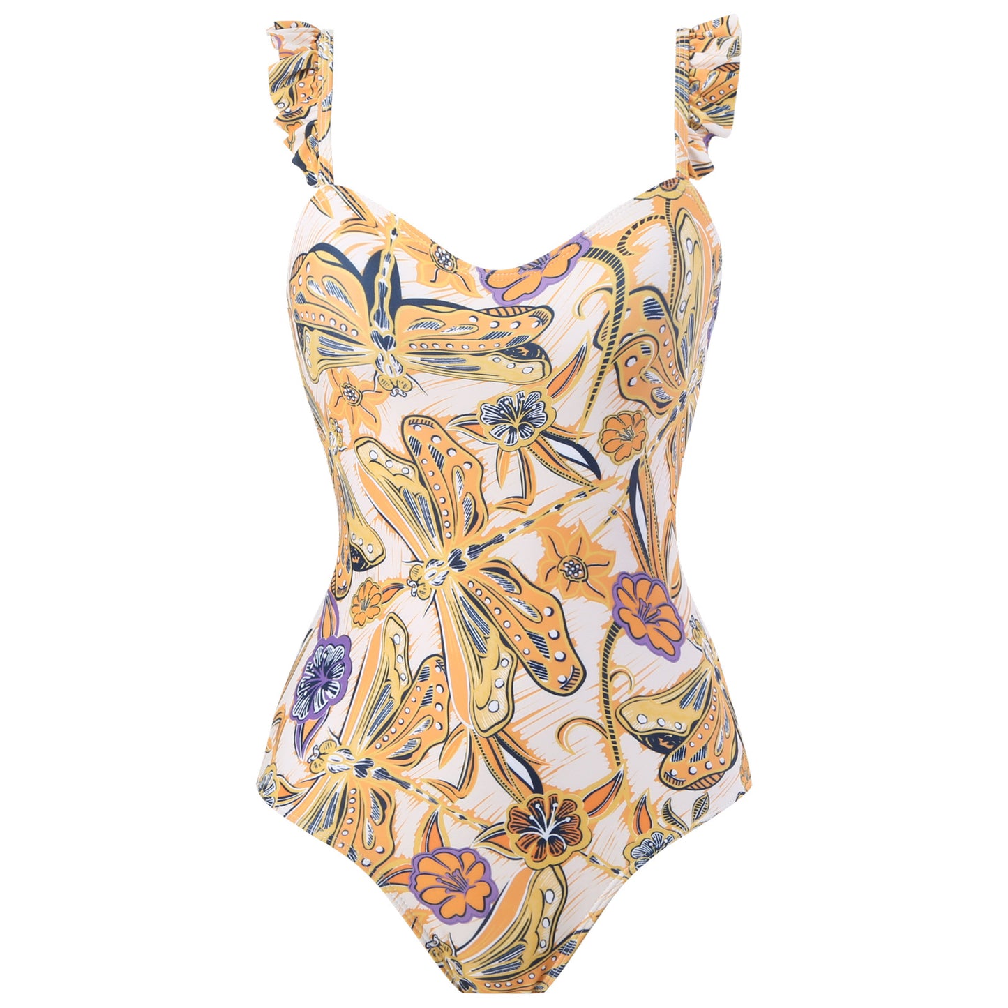 Traje de baño de una pieza con borde volador para mujer, estilo retro, para adelgazar el vientre, vestido de playa de gasa.