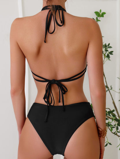 Bikini de color sólido con espalda descubierta y lazo, traje de baño sexy dividido