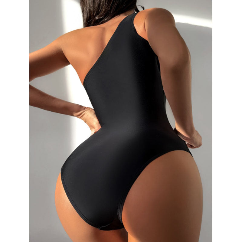 Mono de un hombro con bloques de color para mujer, traje de baño de playa de primavera con cobertura de vientre conservador