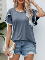 Women Clothing Summer Round Neck Tassel Tulip Sleeve T Shirt Casual Top Women Variety
