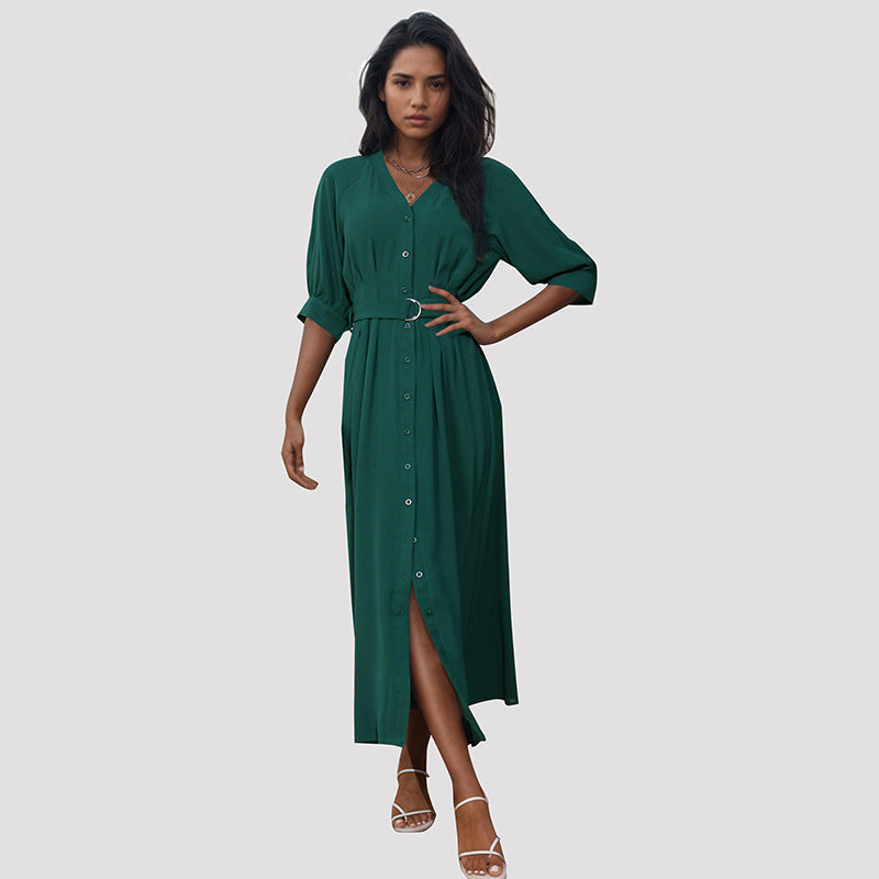 Summer Women Middle Sleeve Green Dress with Belt HUNDRED