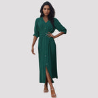 Summer Women Middle Sleeve Green Dress with Belt HUNDRED