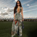 Vestido elegante con cuello halter, escote en V profundo, espalda descubierta, abertura ceñida, estampado abstracto, para mujer