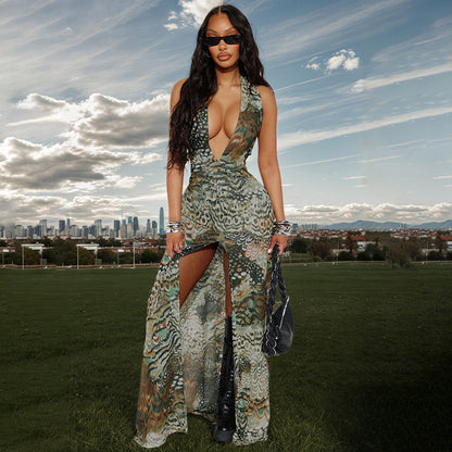 Women Clothing Elegant Halter Deep V Plunge neck Backless Waist Tight Slit Dress Abstract Printing Dress Women